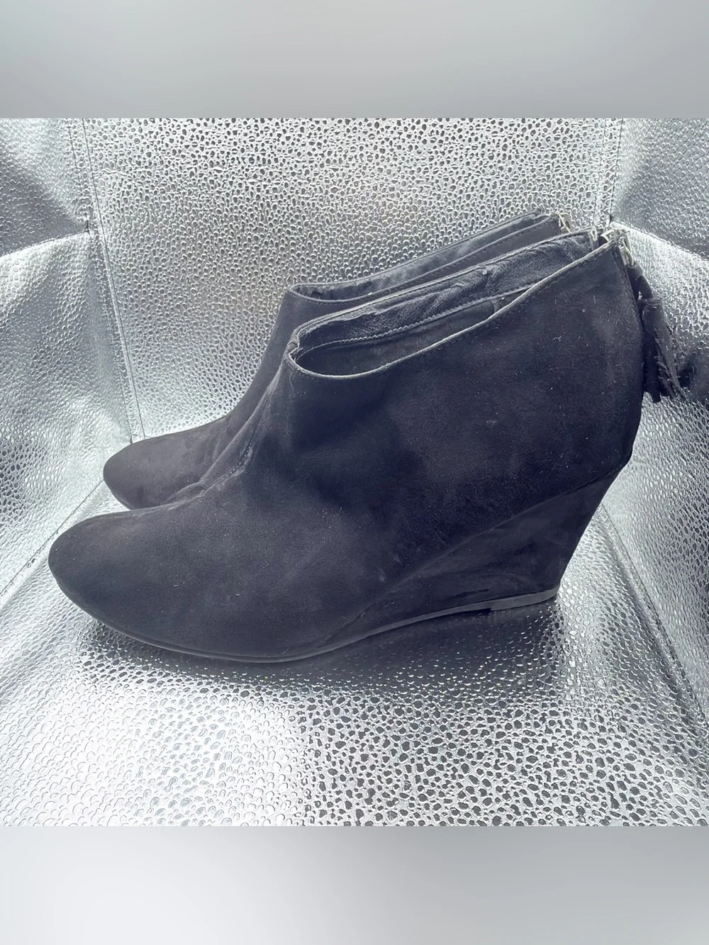 CL by Laundry Black Suede Wedge Ankle Booties with Tassel Zip
